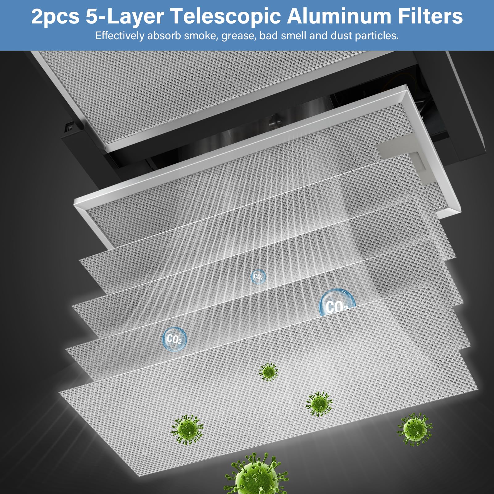 Flachschirmhaube Dunstabzugshaube 60 cm A+++ 400 m³/h Einbau Abluft Teleskopischer Aluminiumfilter LED-Beleuchtung