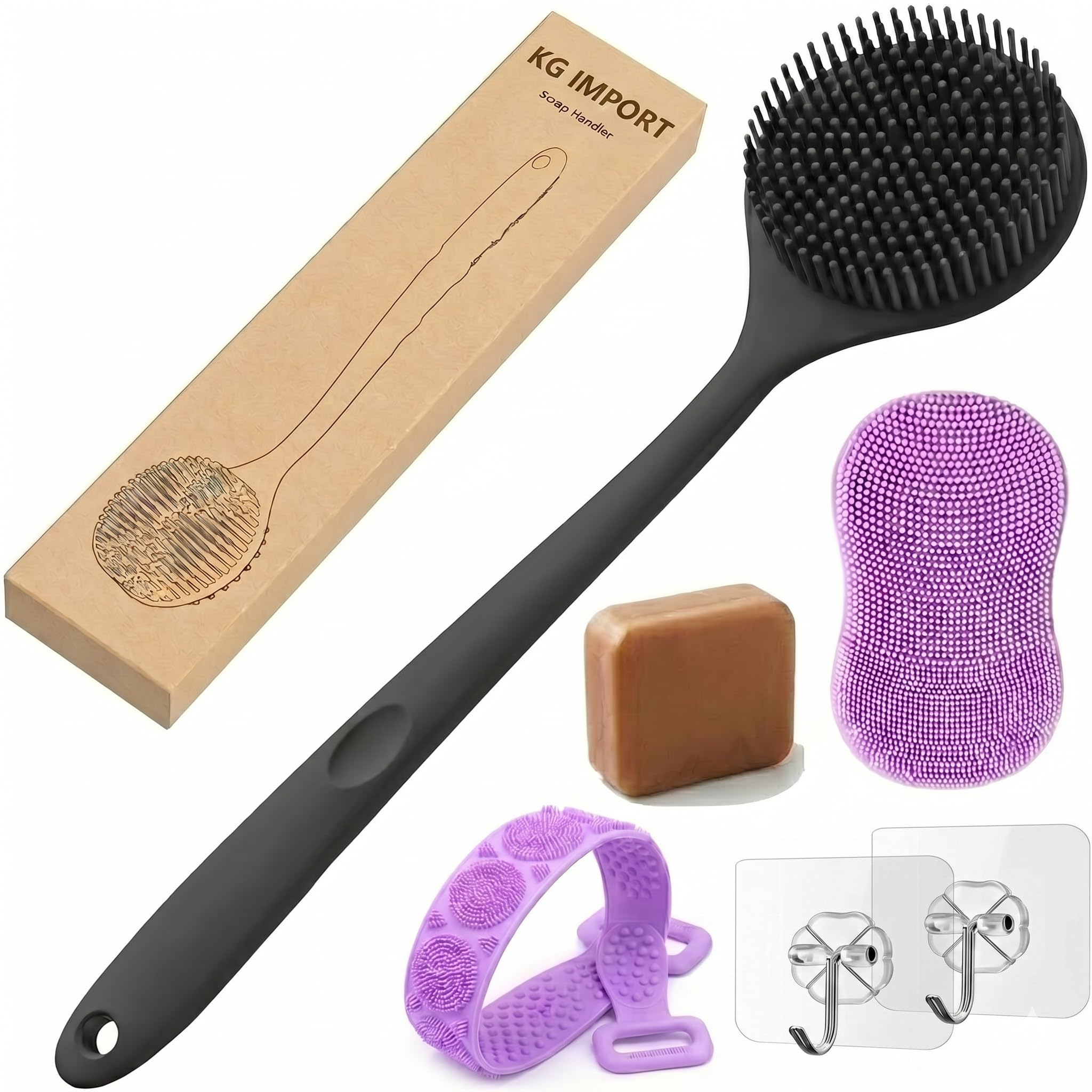 Silicone Bath & Body Care Combo 6 Pcs, Long Handle Back Scrubber For Bathing + Face Scrubber For Men Wome + Silicone Bath Belt + Sandalwood & Saffron Soap, Exfoliating Shower Set - BPA - Free - With Hooks-image-10