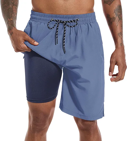 FT FENTENG Mens Swim Trunks with Compression Liner 9" Board Shorts 2 in 1 Quick Dry Bathing Suits with Zipper Pockets