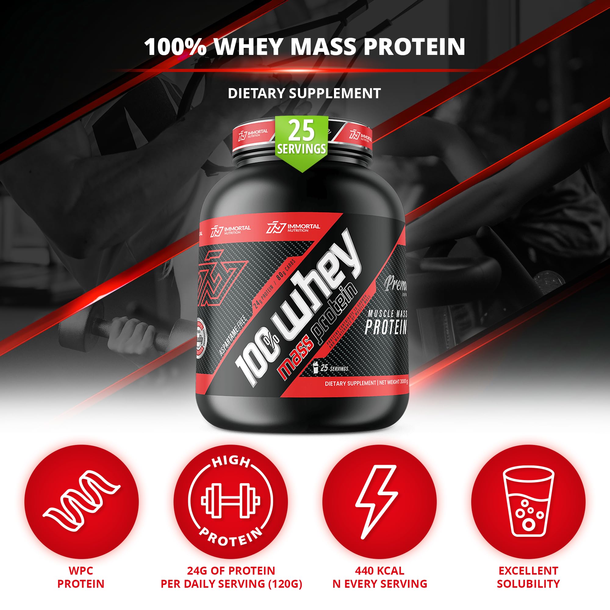 IMMORTAL NUTRITION Whey Mass Protein - Weight Gainer z koncentratem białka serwatkowego - 24 g białka i 80 g węglowodanów na porcję - Mass Gainer w proszku (3 kg, Czekolada)