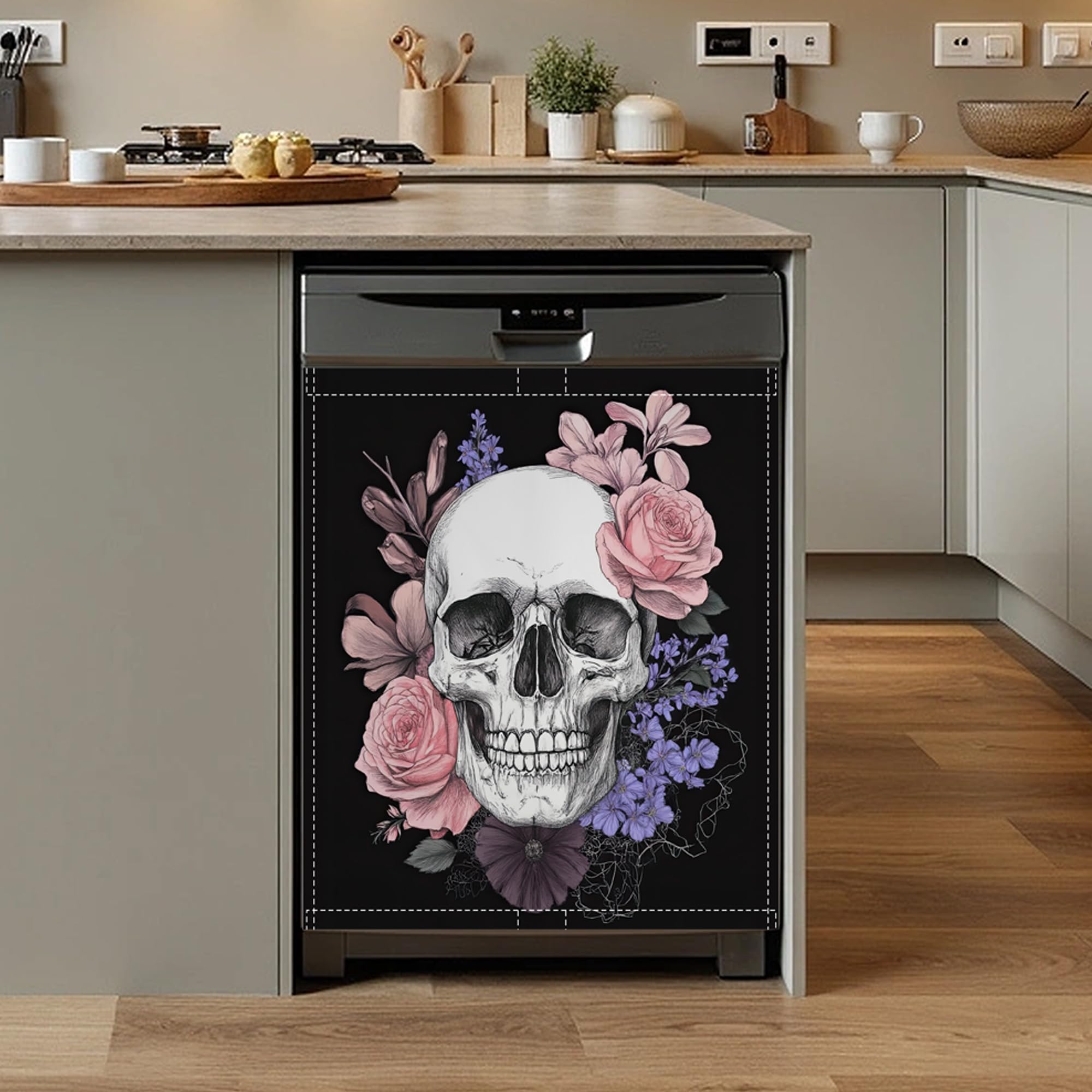 Skull Vintage Floral Dishwasher Magnet Cover,Front Dishwasher Cover Decoration Reusable Decorative Magnetic Cover for Home Kitcen Appliance 23x26 Inch