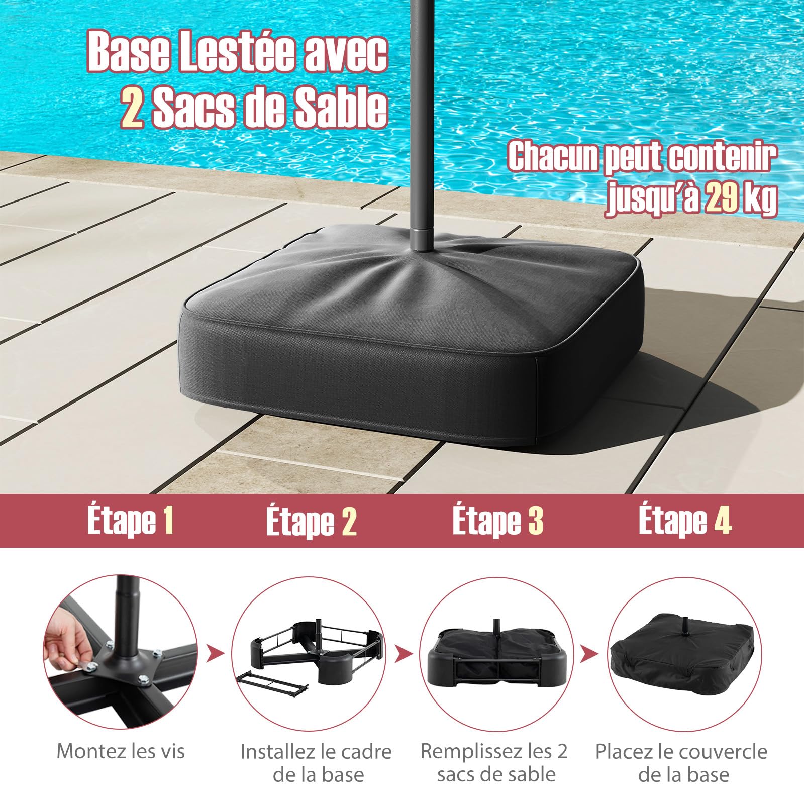 RELAX4LIFE Grand Parasol de Jardin Extérieur avec Pied | Parasol Double Terrasse à 12 Baleines | Manivelle | Polyester Résistant | Verrou de Sécurité | Protection UV pour Piscine Patio Marché,Bordeaux