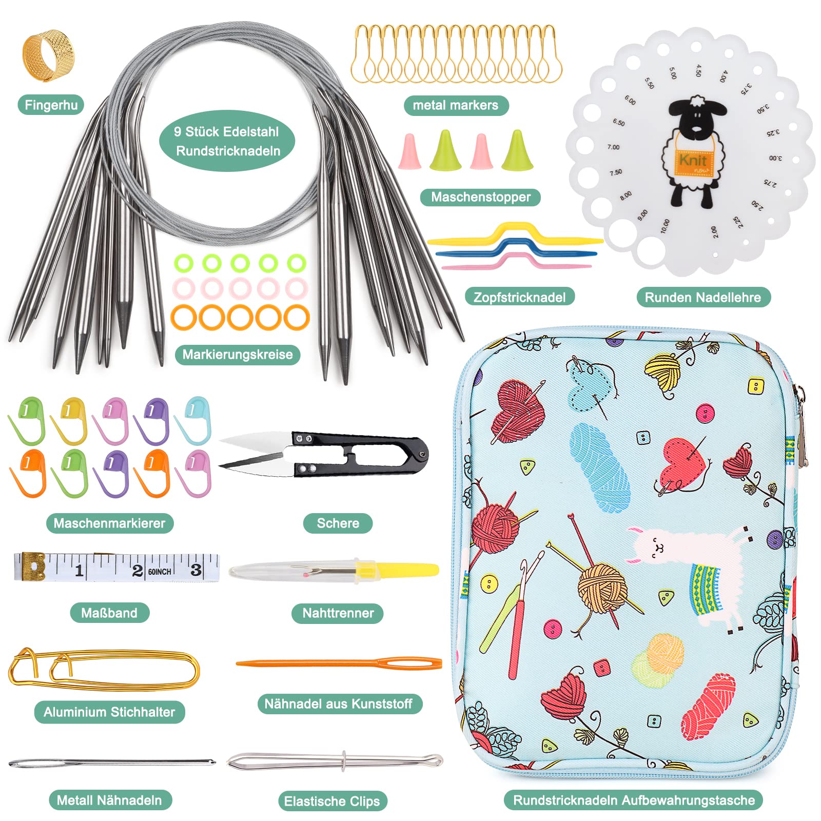 Coopay Set Di 9 Ferri Da Maglia Circolari In Acciaio Inox 40