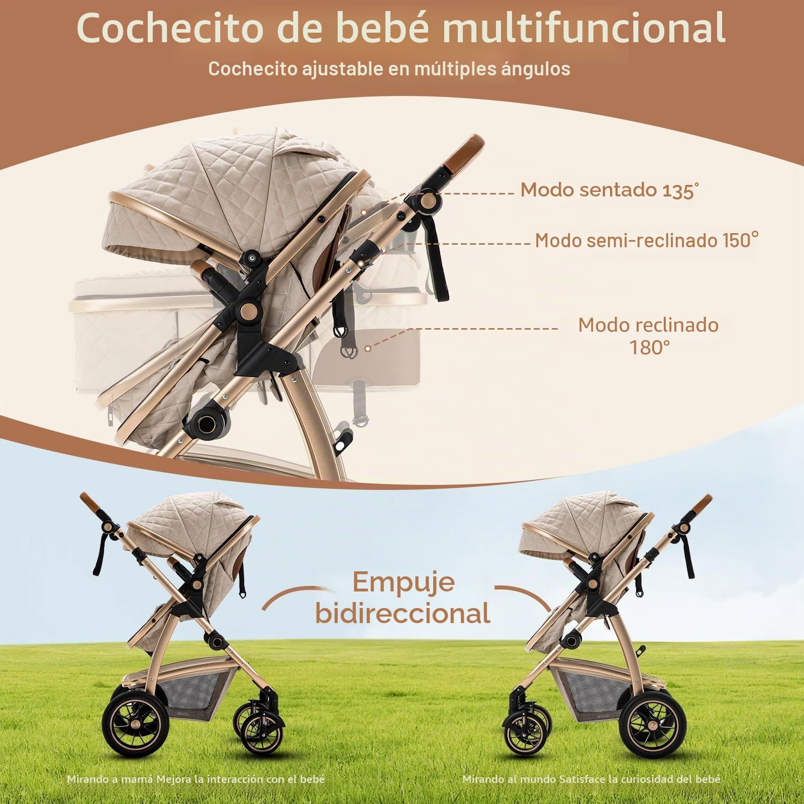 Zkiprm Cochecito 3 en 1 con asiento de coche, cochecito compacto y portátil, apoyabrazos ajustables, protección contra golpes, marco de aluminio