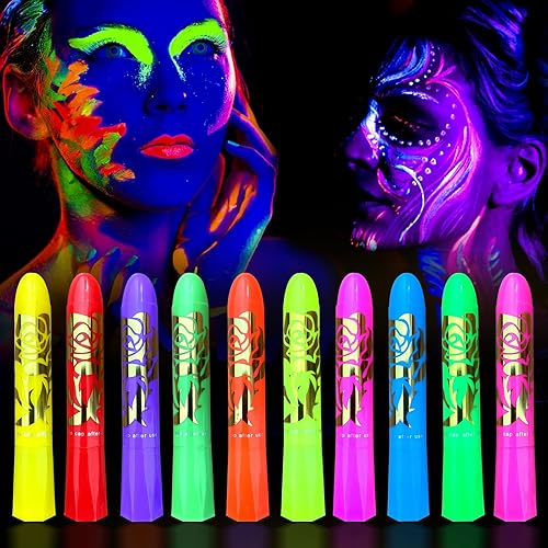 Pintura facial de 10 colores que brillan en la oscuridad, juego de pintura facial y corporal de neón con luz ultravioleta y negra, Mardi Gras