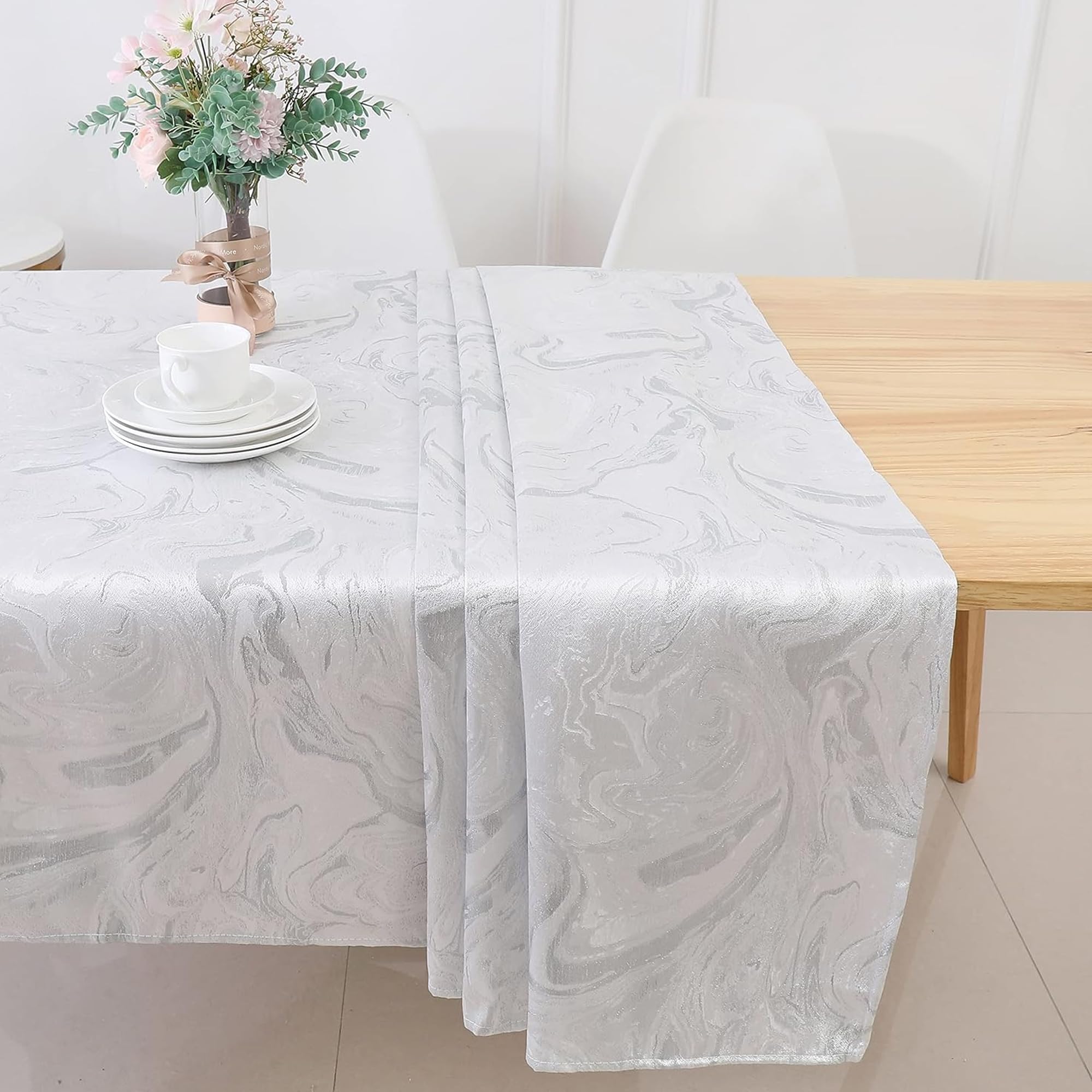 Majestic Giftware Polyester Tablecloths for Rectangle Tables | (70/144) - TC1328 Jacquard White Silver Wave Print Hem Stitch Dining Table Cover | Decorative Washable Tablecloth for Kitchen, Dining