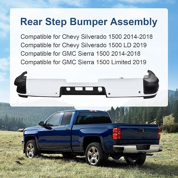 Rear Bumpers Replacement for Chevy Silverado/GMC Sierra 1500 2014-2018 | Chrome bumper W/Park Assist Sensor Holes with Black Step Pad and Conner Step GM1103175,GM1103179