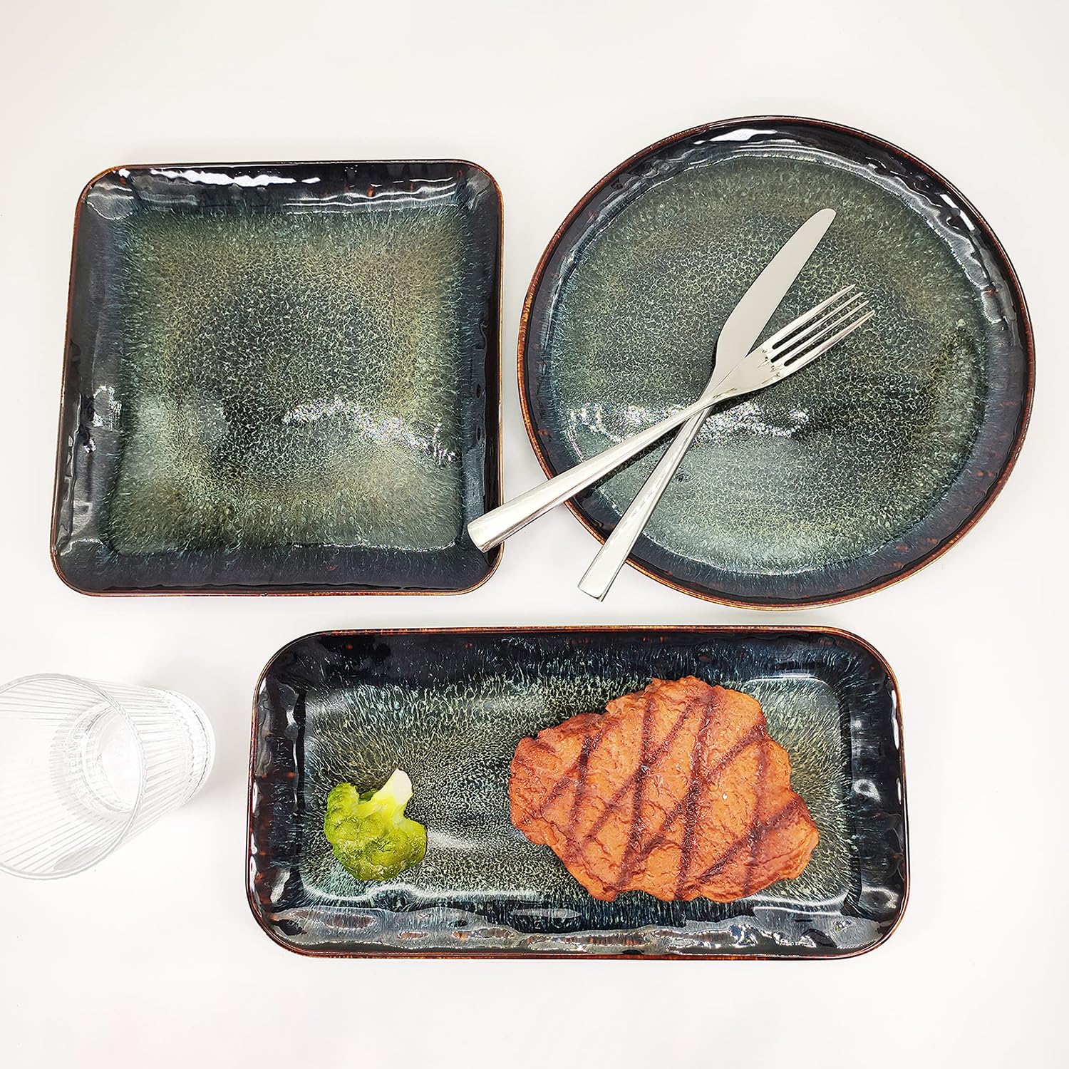 YA JU Lot De 4 Assiettes Rectangulaires Noires Céramique – Steak, Pain, Risotto, Micro-ondes & Four OK