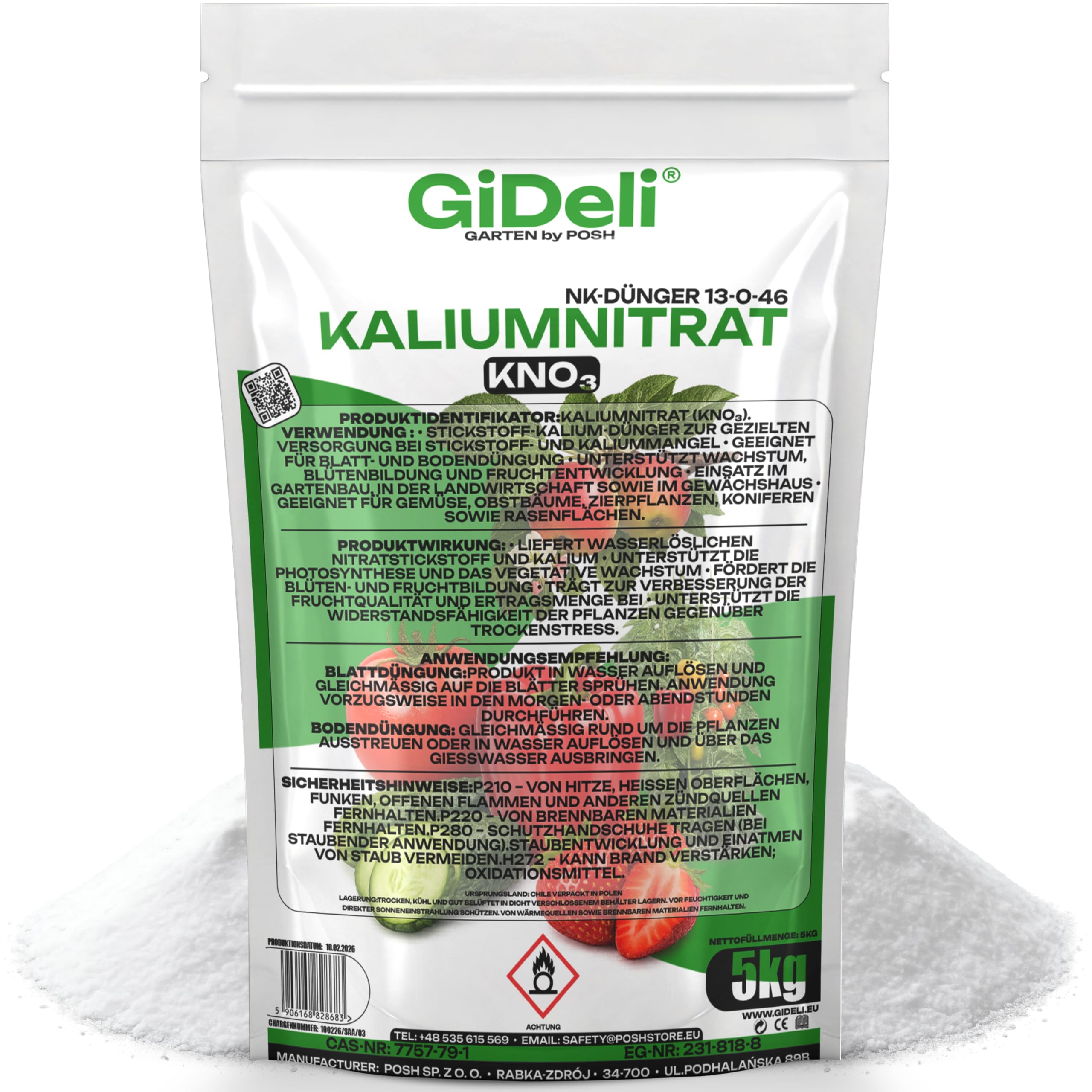 GiDeli Kaliumnitrat 5 kg - Ein Universaldünger, Ideal für Blumen, Obstpflanzen und Zierpflanzen - 1 kg Dünger Reicht für 60 m² - Pflanzendünger, der die Immunität und das Wachstum verbessert