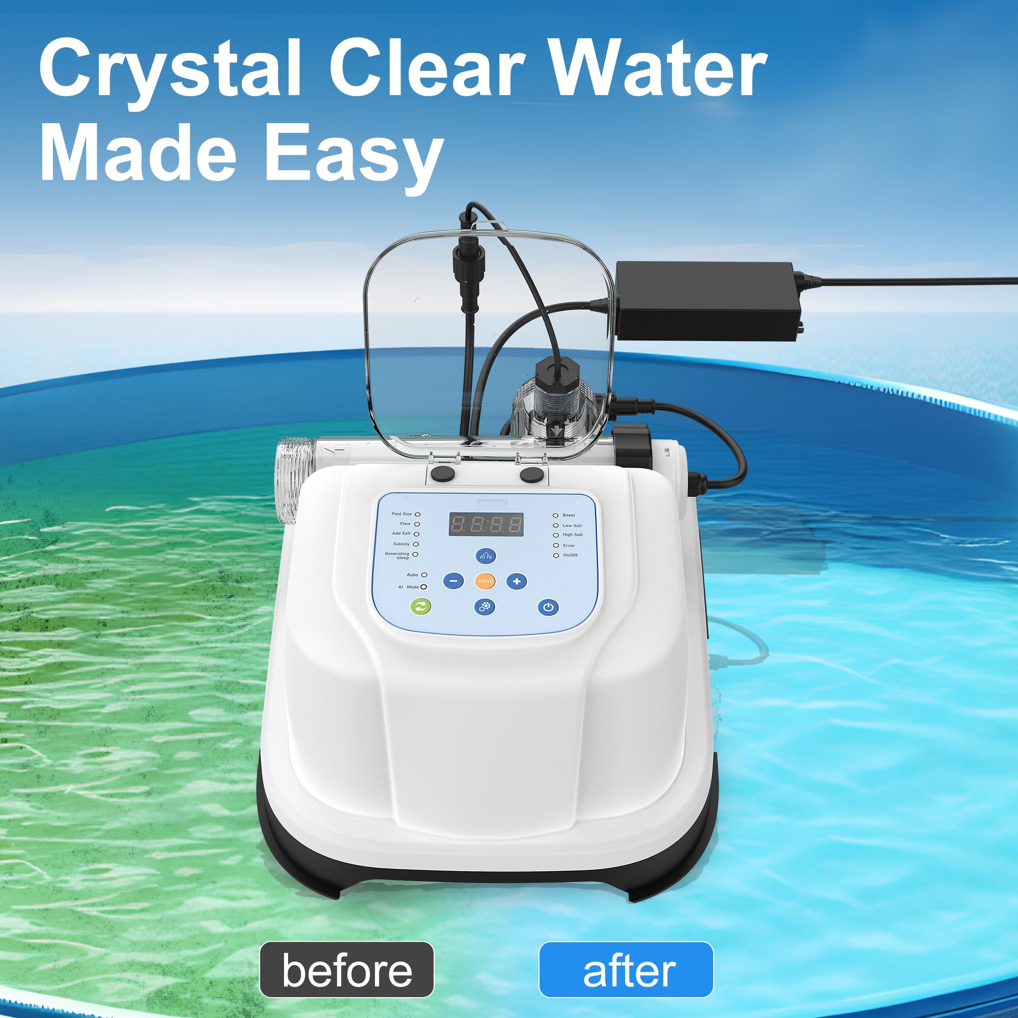 Chlorinateur d'eau salée pour piscines hors sol, système de piscine d'eau salée jusqu'à 5 000 litres, générateur de chlore salé autonettoyant, avec modes auto/AI, adaptateurs et bandelette de test