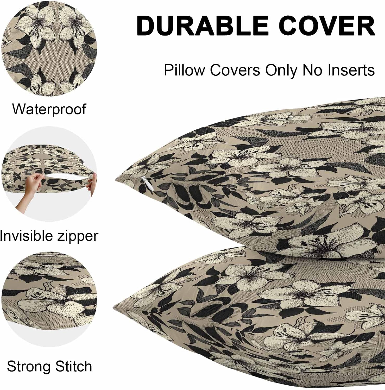 Outdoor Waterproof Throw Pillow Covers Set of 2 Black Floral Pillowcases 26x26 Inches Vintage Khaki Flowers Decorative Pillows Cushion Case Patio Pillows for Couch Bed Chair Garden