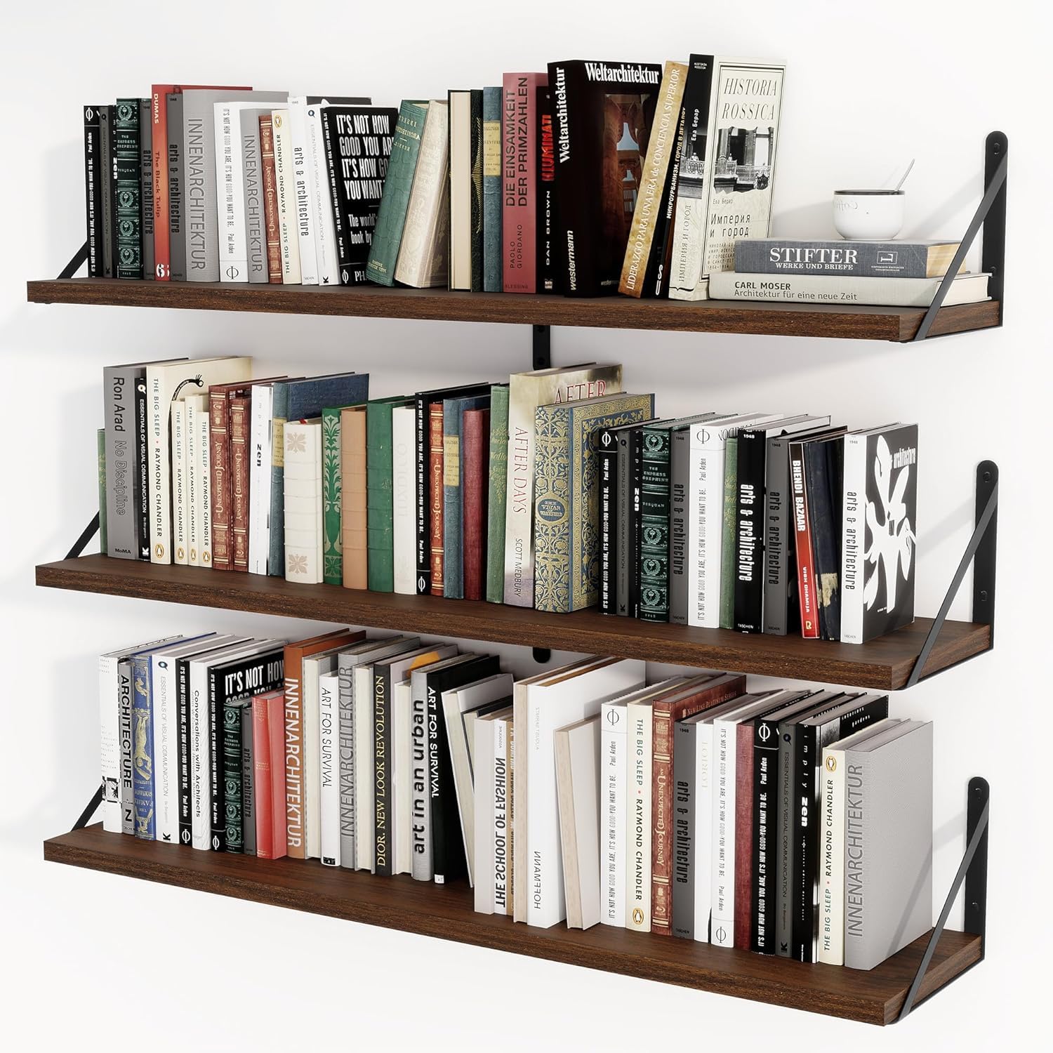 Floating Shelves for Wall Set of 3, Rustic Wood Floating Bookshelf for Bedroom, Large Wall Mounted Storage Shelves for Kitchen Bathroom Laundry Living Room TV Books (Brown, 32.1 INCH)