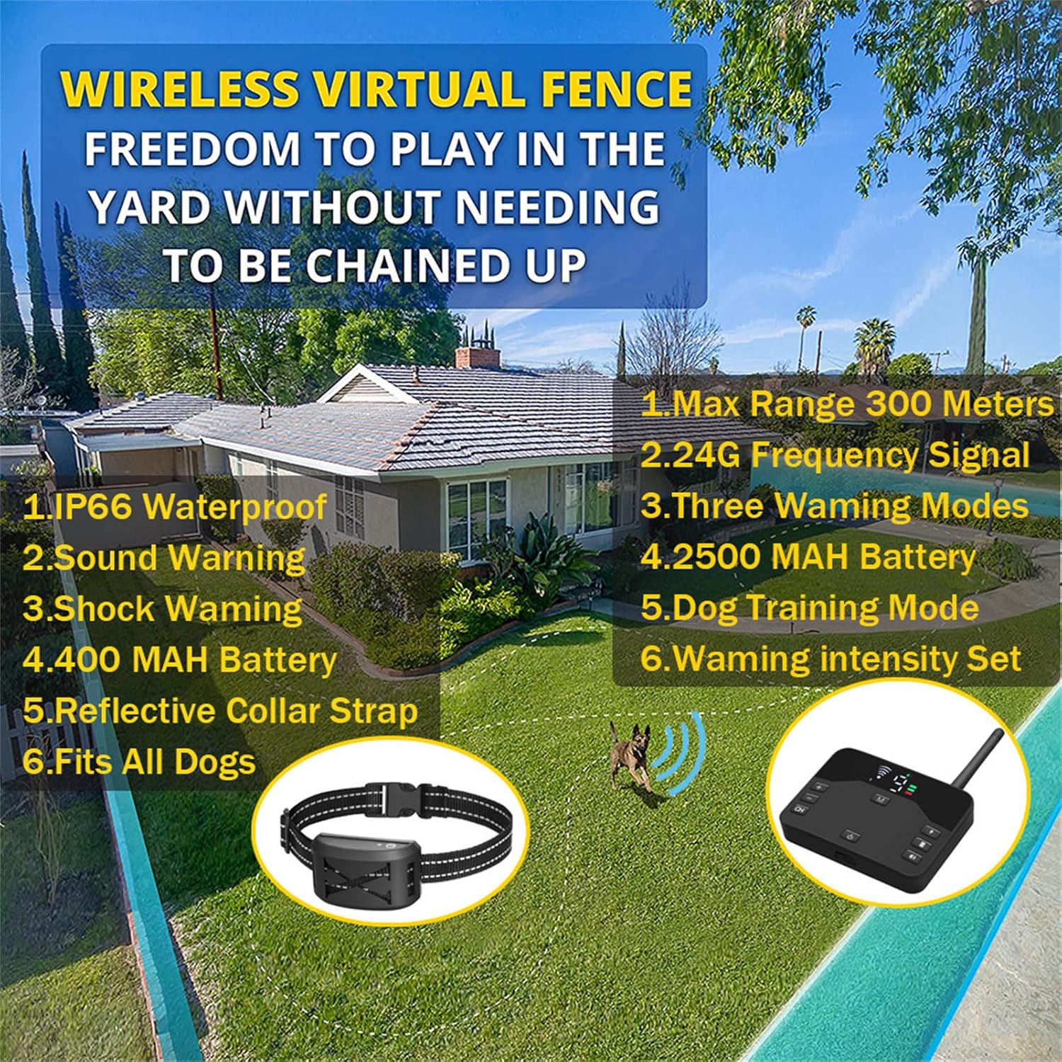 Wireless Dog Fence, Portable Pet Perimeter Fence and Remote Training Collar, Waterproof Collar Receiver with Tone/Static Correction, Dog Boundary Container, Suitable for All Dogs,for3dogs