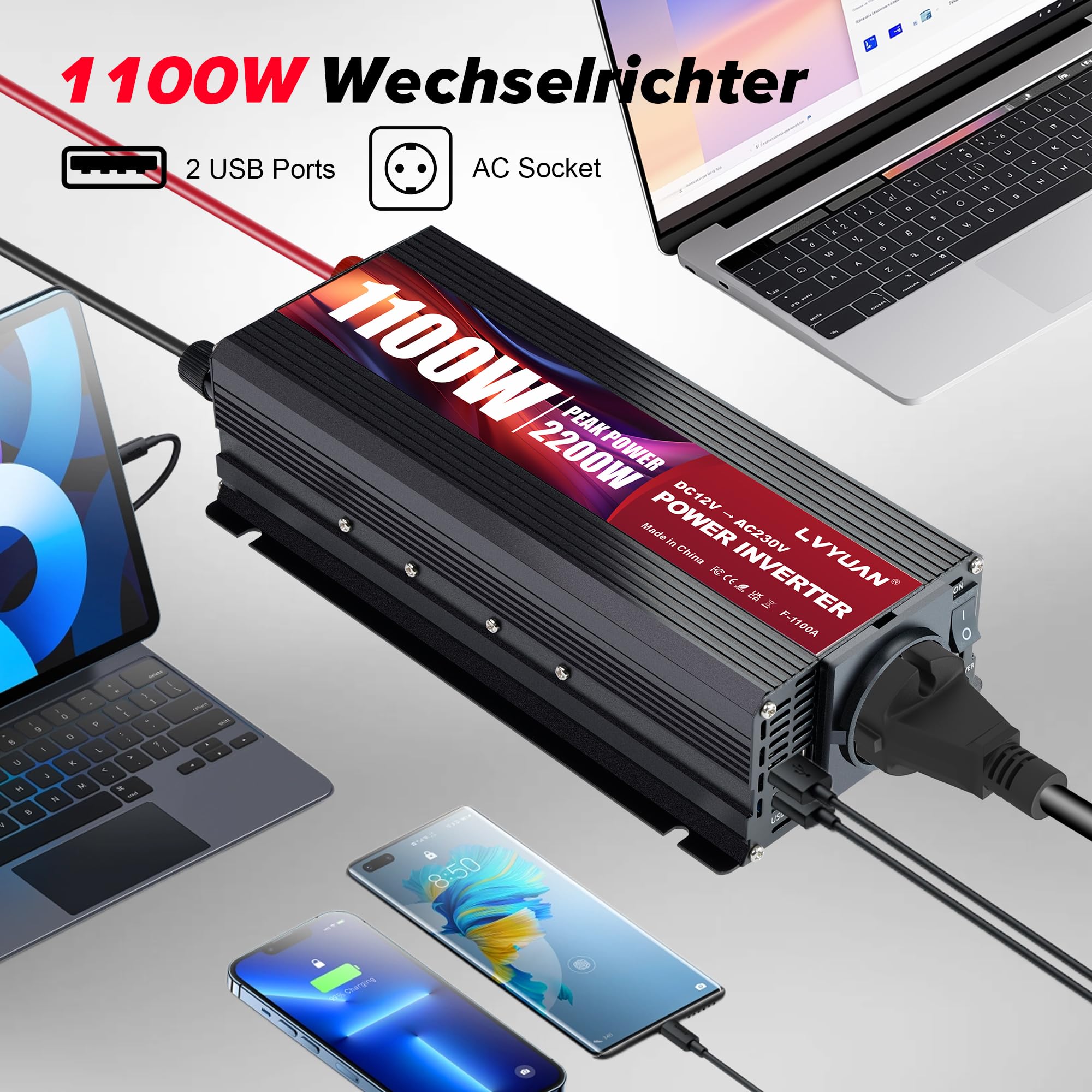 LVYUAN Przetwornik 12 V, 220 V, 1100 W/2200 W Transformator inwerterowy | Przetwornica napięcia falownika