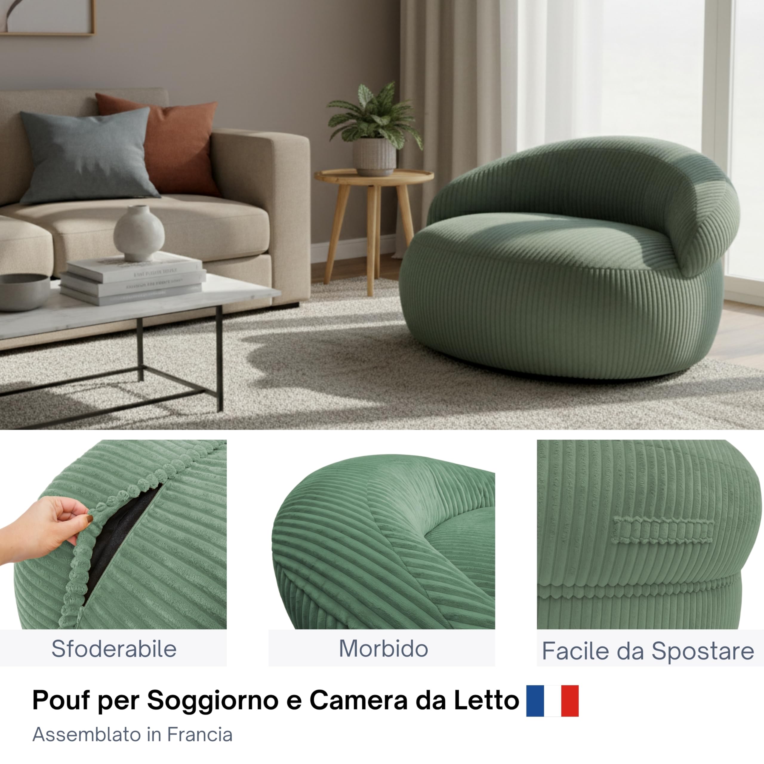 bananair – Pouf Poltrona Soggiorno e Camera in Velluto a Coste - Pouf Gigante XXL Morbido ed Elegante - Rivestimento lavabile in lavatrice - Ideale per Adulti, Adolescenti (110 × 100 cm, Verde)
