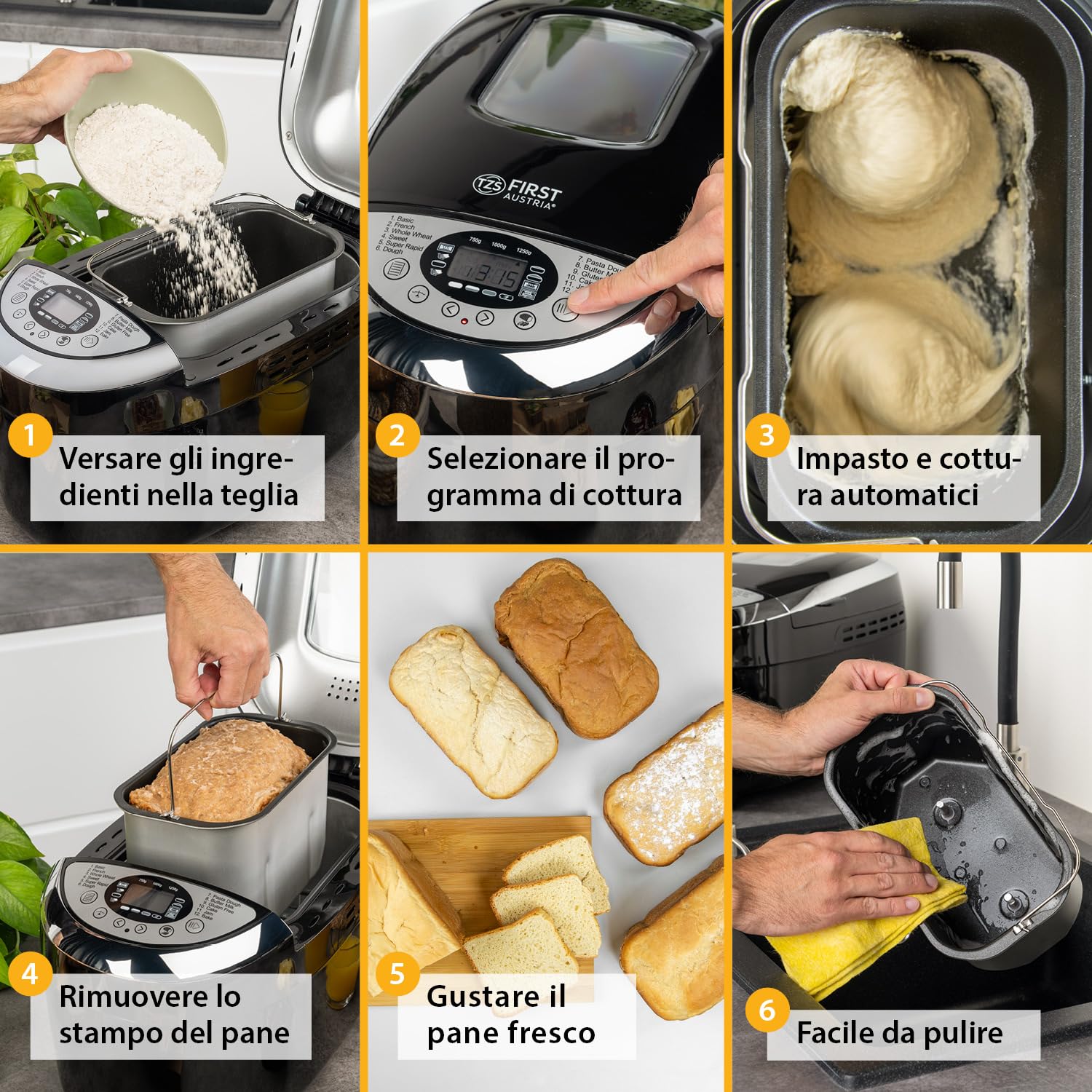 TZS First Austria - Macchina per il pane con 12 programmi automatici 850W - Panificatore elettrico da 700-1250g - Con finestrella, timer, accessori e funzione di mantenimento in caldo - Nero