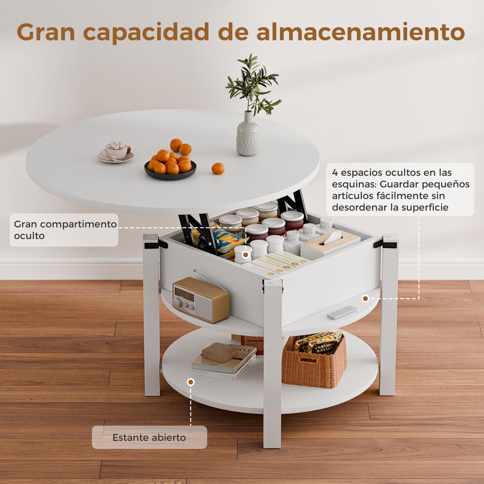 ELUCHANG Mesa de Centro Redonda Elevable y Extensible 2 en 1 para Salón y Oficina, Mesa de Cafe con Espacio de Almacenamiento de 2 Niveles, Madera en Blanco, 80x80cm