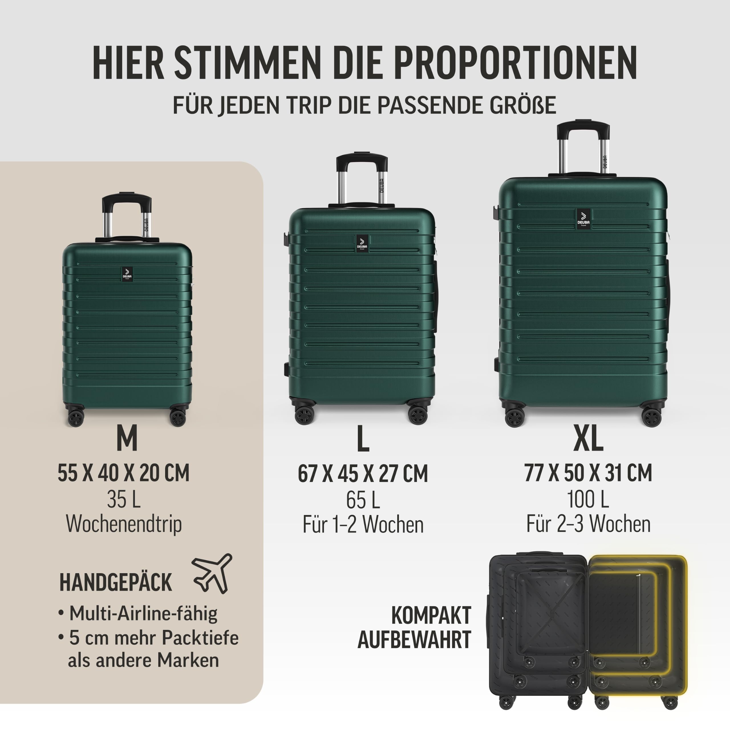 DEUBA® TRAVEL Koffer Set 3tlg 55x40x20 Sicherer Stauraum Kreuzgurt PVC Fach Reisekoffer Groß Trolley Suitcase mit 360° Rollen Hartschalenkoffer Handgepäck Koffer Dunkelgrün
