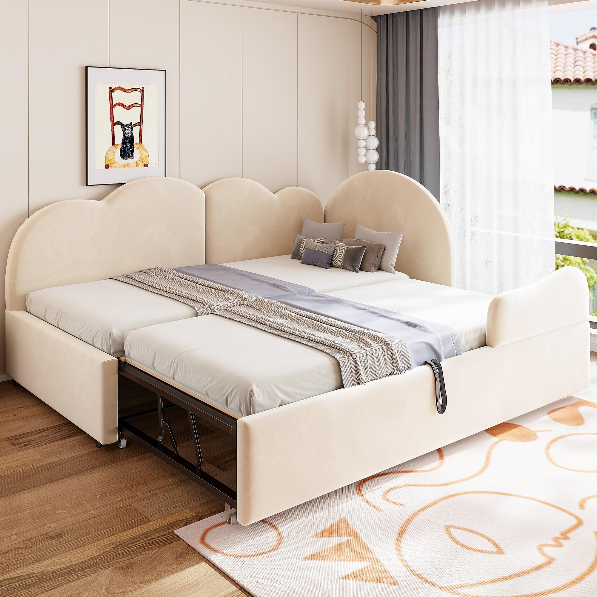 Łóżko tapicerowane (90 x 200 + 90 x 190 cm) w kształcie litery L z wysuwanym łóżkiem i zagłówkiem chmury, sofa do spania i łóżko dzienne z oparciem, do sypialni i pokoju gościnnego, aksamitne, beżowe