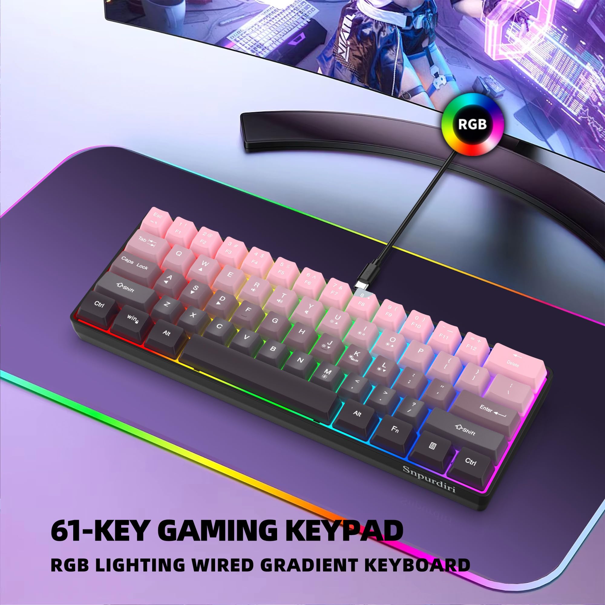 Snpurdiri 60% Wired Gaming Keyboard, Pink-Black view 9