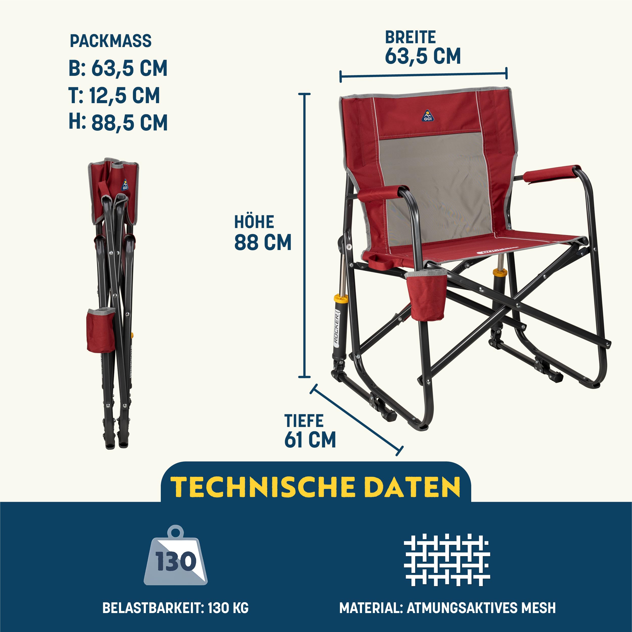GCI Outdoor – Freestyle Rocker – Faltbarer Regiestuhl mit patentierter Schaukelfunktion – Hohe Sitzposition für einfaches Aufstehen – bis 130kg belastbar - stabile Armlehnen & Getränkehalter – Rot