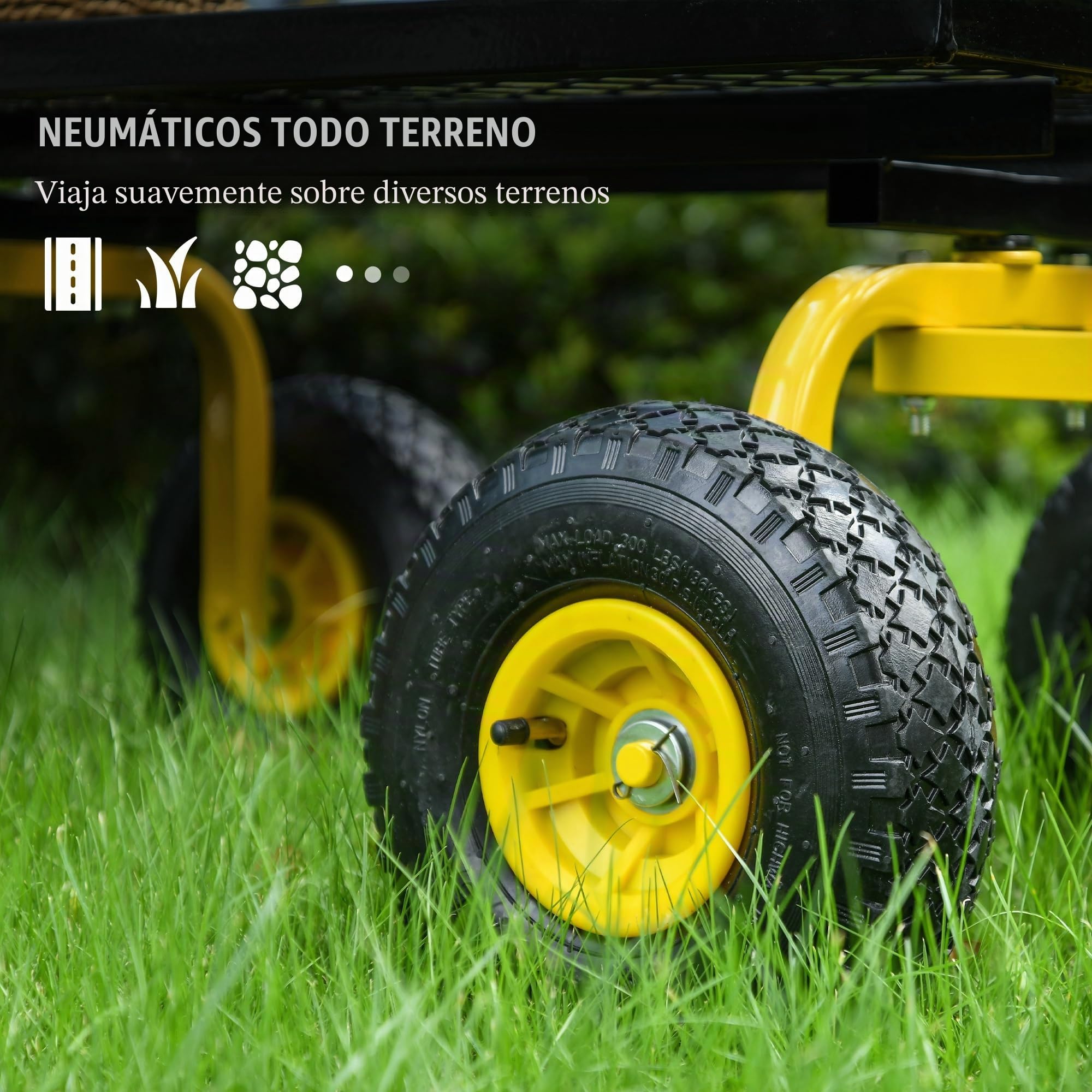 Outsunny Carro de jardín resistente estructura metálica Amarillo | Ruedas neumáticas 10", manija giratoria, capacidad 150kg, para granja