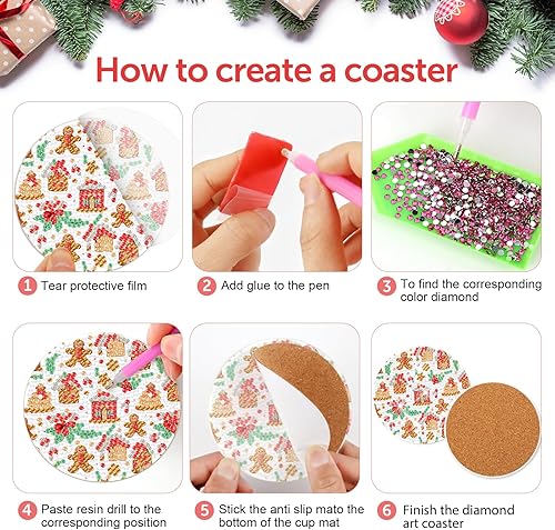 Miniatura 3 de 8 piezas de posavasos de pintura de diamantes de acuarela de Navidad con soporte, posavasos de arte de diamantes de acuarela de Navidad con bases de