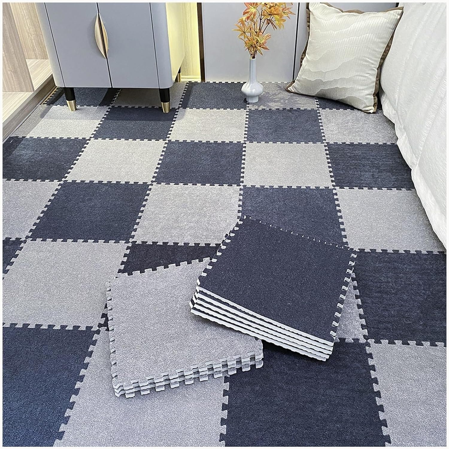 30pcs Shaggy Interlocking Foam Carpet Tiles 12x12 in Fluffy Carpet Puzzle Mats for Floor, Plush Foam Mats for Home, Washable Easy to Store(Dark Gray+Light Gray)
