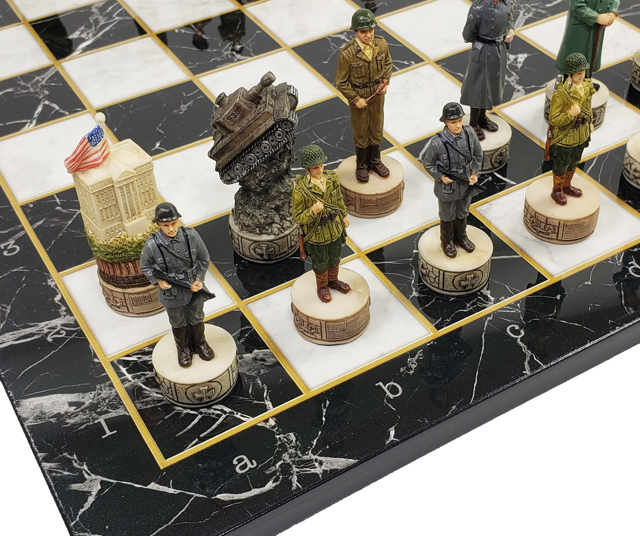 World War 2 US vs Germany Chess Set Hand Painted with 17" Black & White Faux Marble Alpha Numeric Board WW2