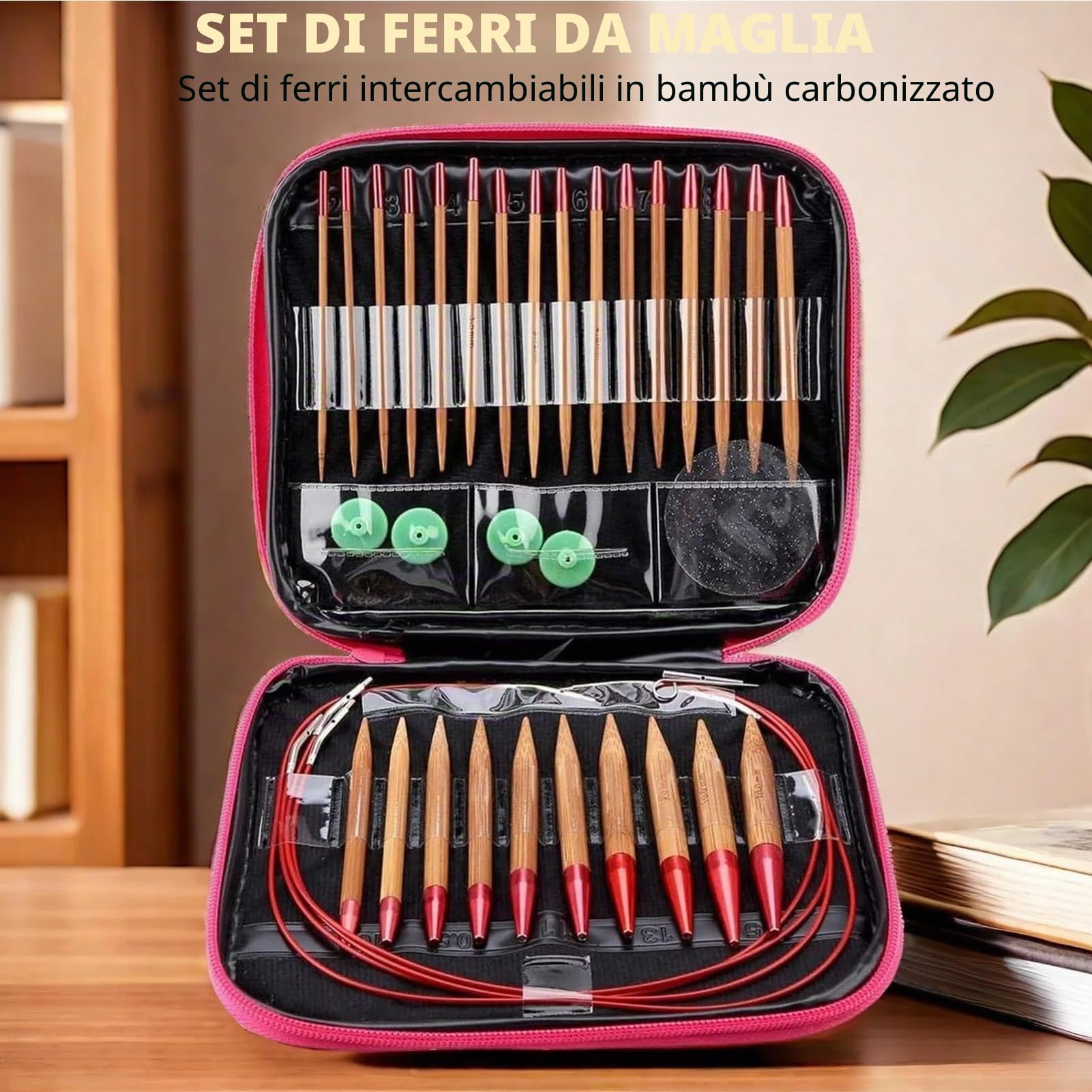 Kit di aghi circolari intercambiabili, 13 pezzi di aghi di bambù carbonizzati Set di anelli per maglieria in alluminio