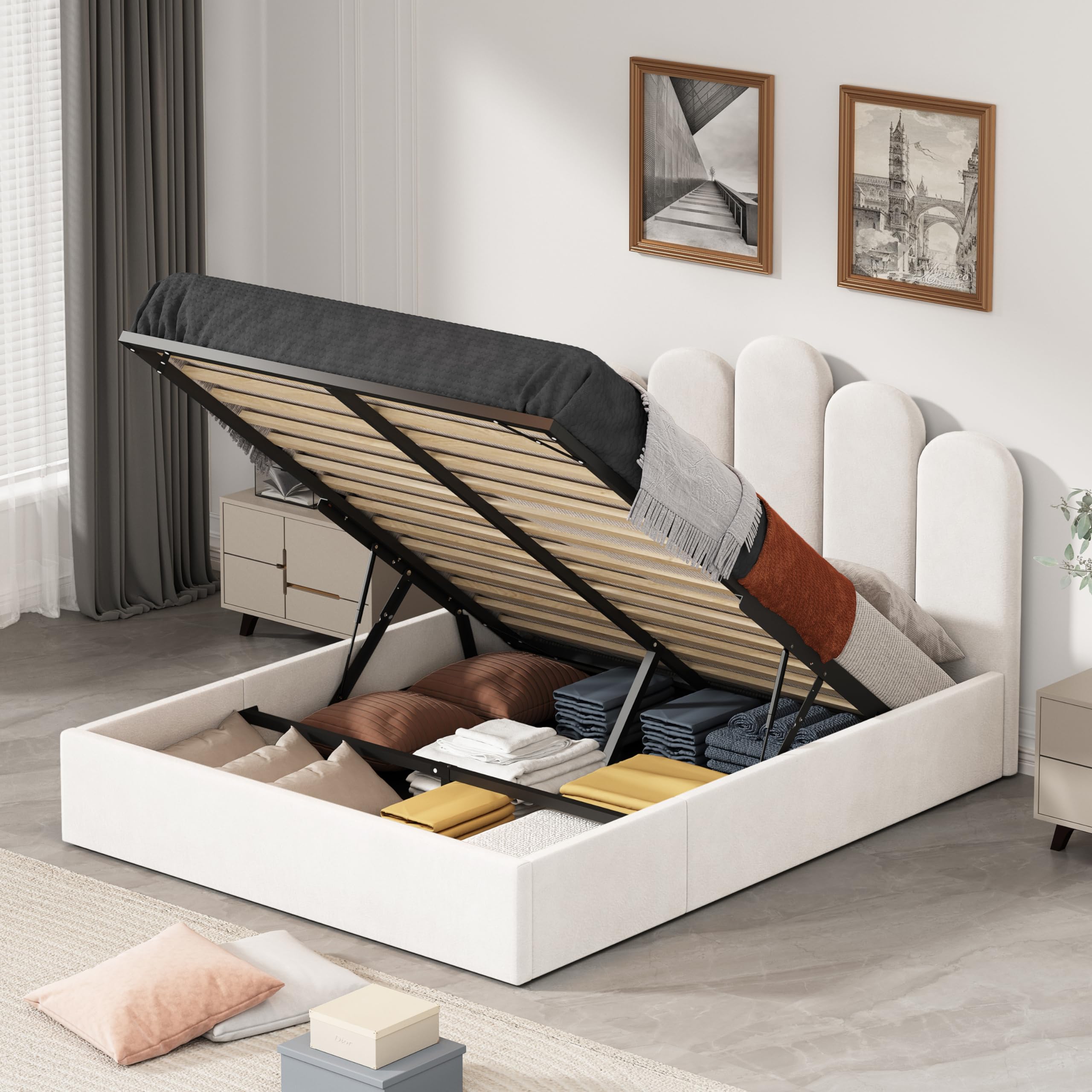 QNZK Queen Size Lift Up Bed with Storage Underneath, Velvet Upholstered Platform Bed with Modern Headboard, Hydraulic Support, Sturdy Wooden Slats, No