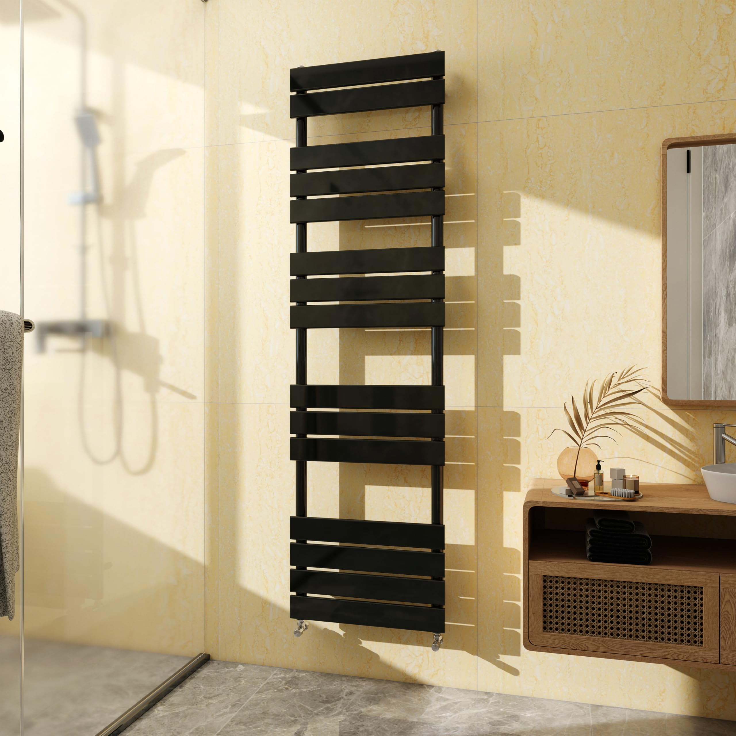 SKY BATHROOM Flat Panel Towel Rail Radiator,Wall Mounted Central Heating Ladder Rad 1600X450mm Black
