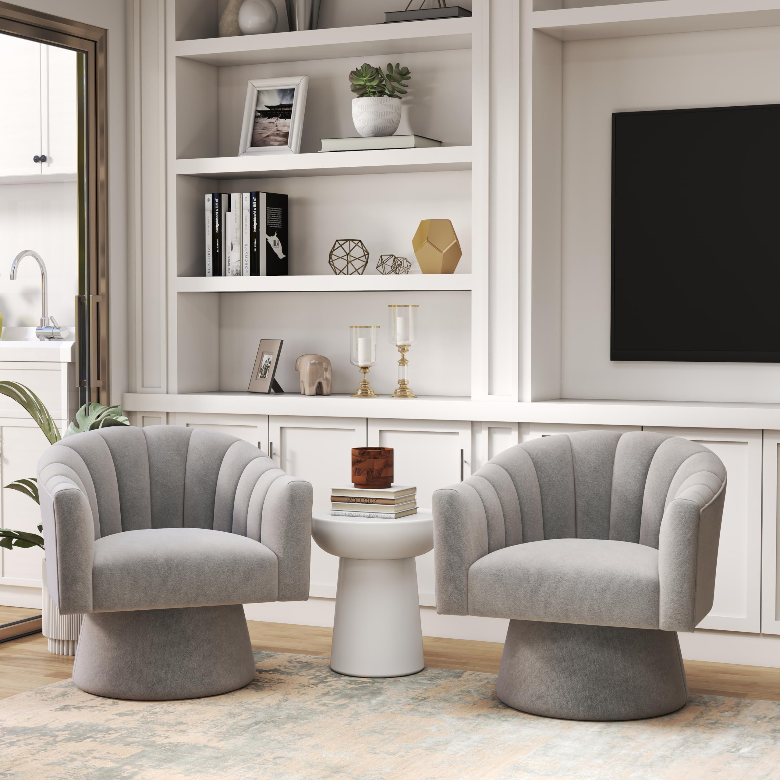 Swivel Accent Chair Set of 2, Upholstered Velvet 360° Swivel Barrel Chair for Living Room Overstuffed Bouncle Reading Chair Round Armchair for Bedroom