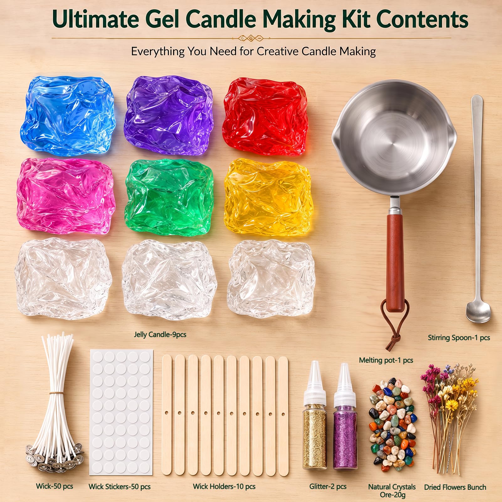 Kit de fabrication de bougies en gelée,9pcs Gel Wax -7 Colors Candle Making Kit，Includes Wax Wicks Wick Stickers，Wooden Wick Holders and More，DIY Starter Candle Making Kit 2.8LB/45oz