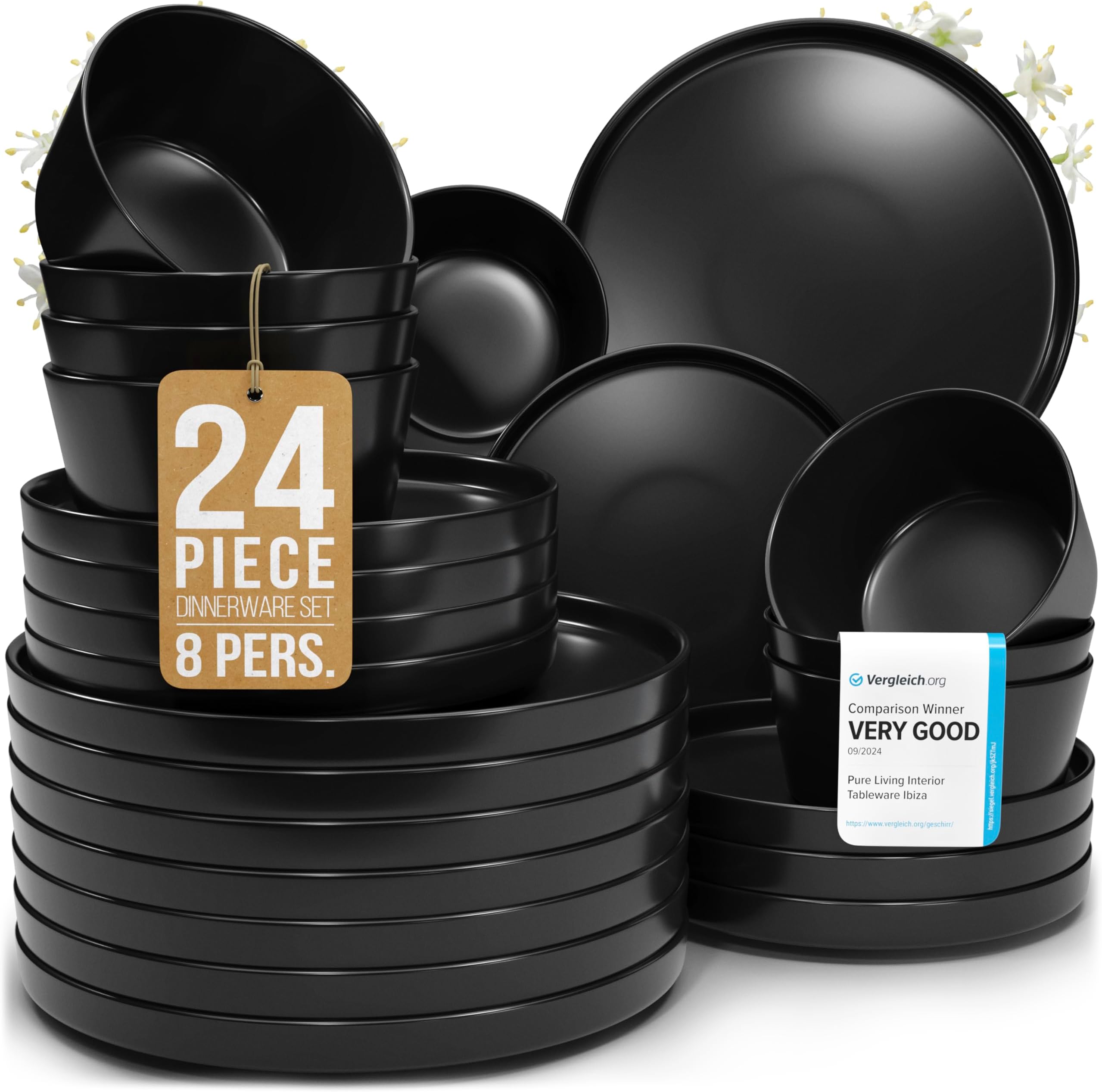 24 Piece Black Dinnerware Set for 8 | Matte Black Plates and Bowls Sets, Modern Stoneware Black Dishes Set | Scratch Resistant, Dishwasher & Microwave Safe | Matte Black Finish Ultra-Chic & Modern