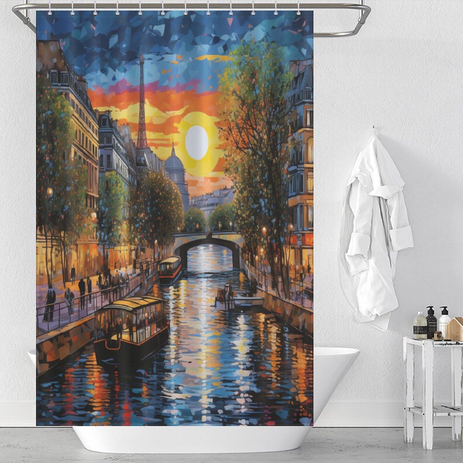 Rideau de douche paysage urbain lavable en polyester pour éviter l'eau au sol