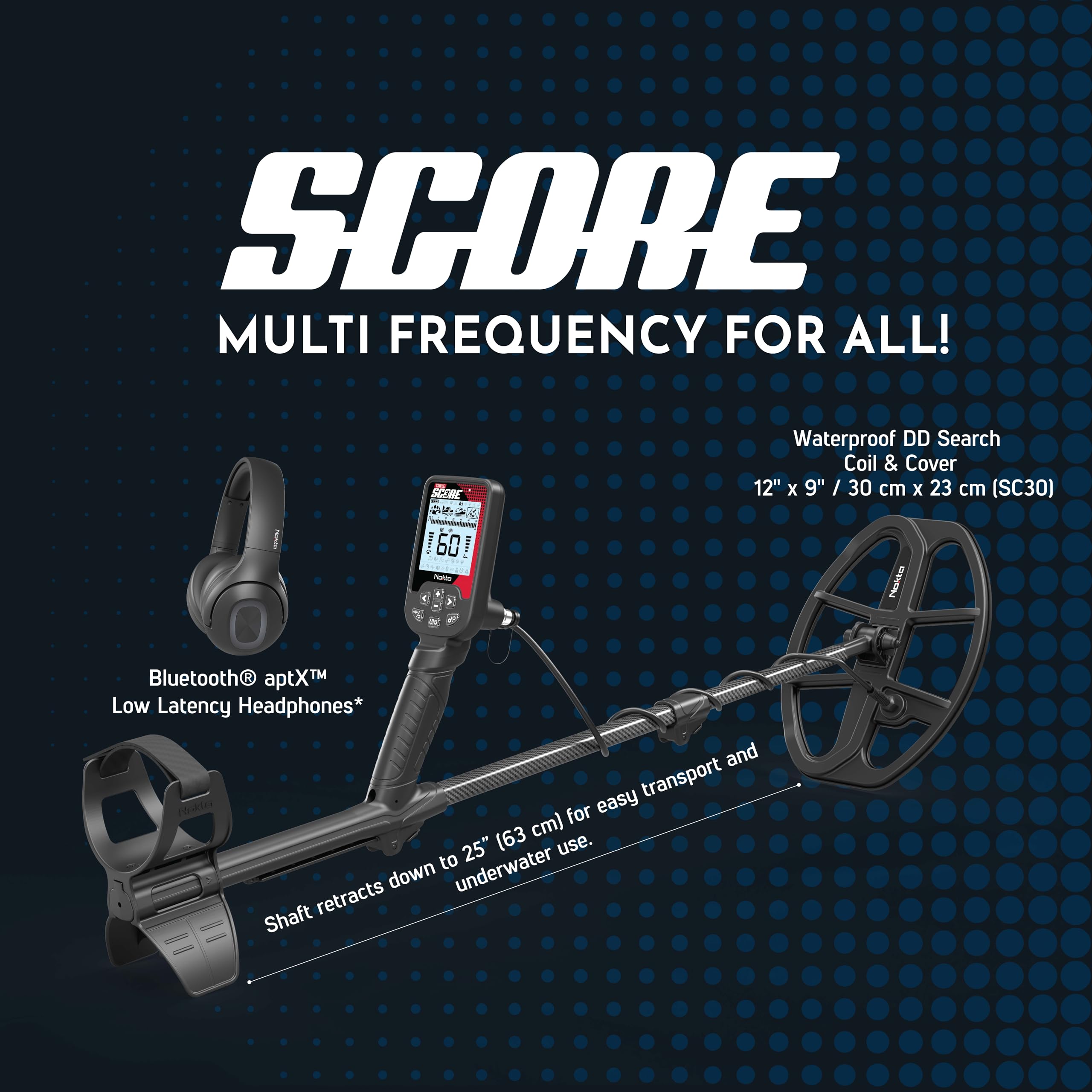 Nokta Triple Score PRO PACK Metal Detector for Adults - Fully Waterproof, Rechargeable, Simultaneous Multi-Frequency, Included Bluetooth Headphones and 2 Search Coils (SC30 & SC24)