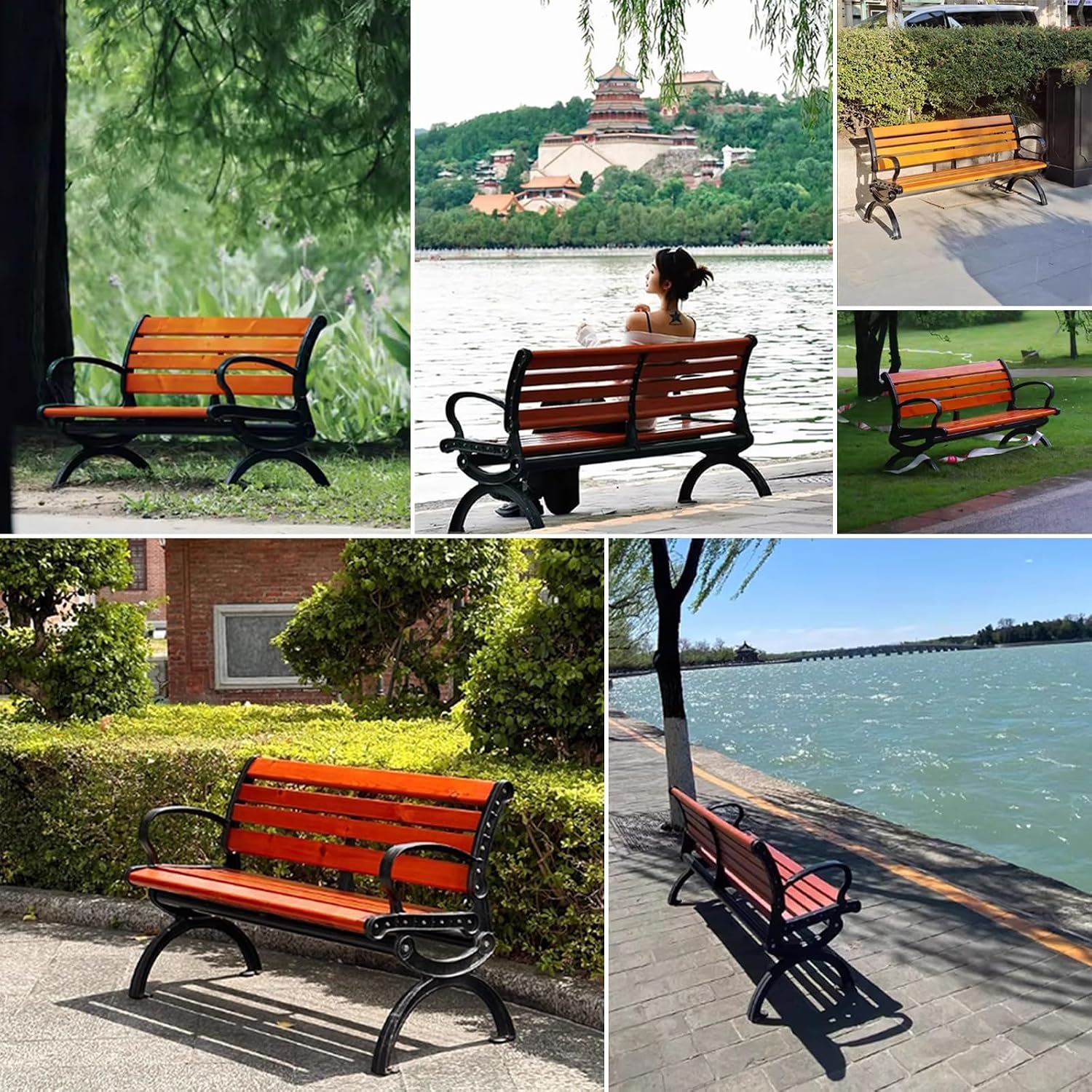 Outdoor Garden Bench Park Seat Chair with Backs,Heavy Duty 500KG Cast Iron Frame & Solid Wood Weatherproof Bench,Patio Porch Furniture Cast Iron Frame Bench for Lawn Porch Backyard