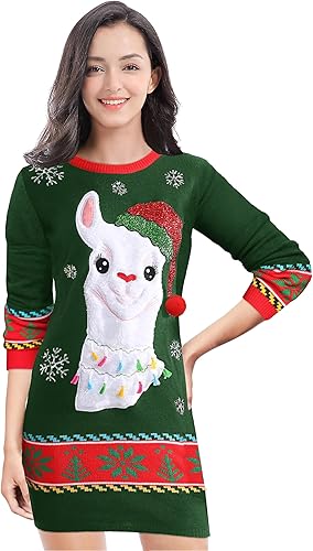 Miniatura 2 de v28 Vestido feo tipo suéter de Navidad para mujer, tejido, con divertido diseño de renos.