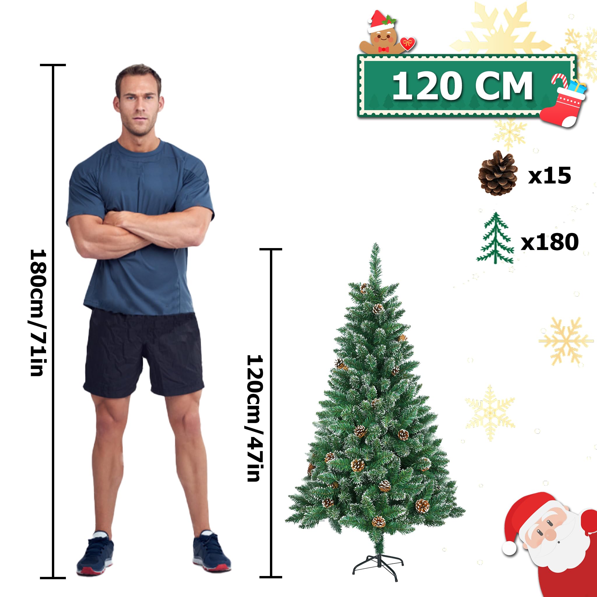 YRHome Kunstkerstboom, 120 cm, pvc, met sneeuweffect, dennenappels, kerstboom met snel op te bouwen, inklapsysteem, brandvertragende kunstdennenboom met metalen standaard