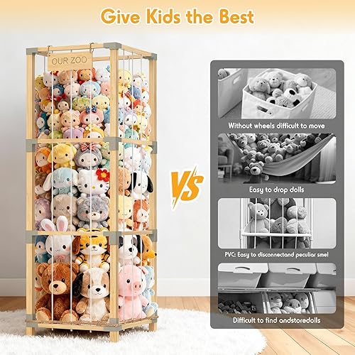 Miniatura 3 de Almacenamiento zoológico de animales de peluche de 200 litros, soporte extra grande de 3 niveles, torre de almacenamiento de peluches de bambú