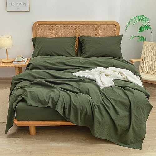 Miniatura 3 de BESTOUCH Juego de sábanas 100% algodón lavado, tacto súper suave, cómodo, elegante, ligero, juego de ropa de cama de 4 piezas, color verde oliva,