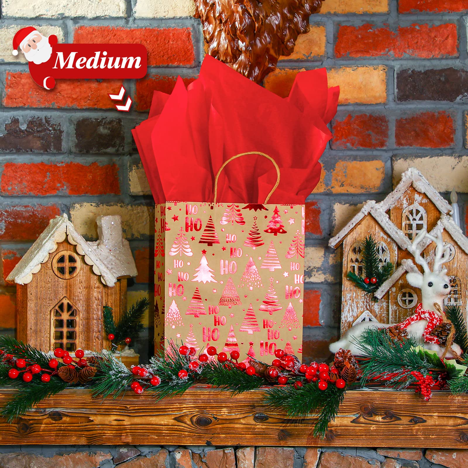 24 bolsas de regalo de Navidad con papel de seda, bolsas de regalo de Navidad con asas a granel para envolver regalos de Navidad, suministros de fiesta de vacaciones (copo de nieve rojo, mediano)