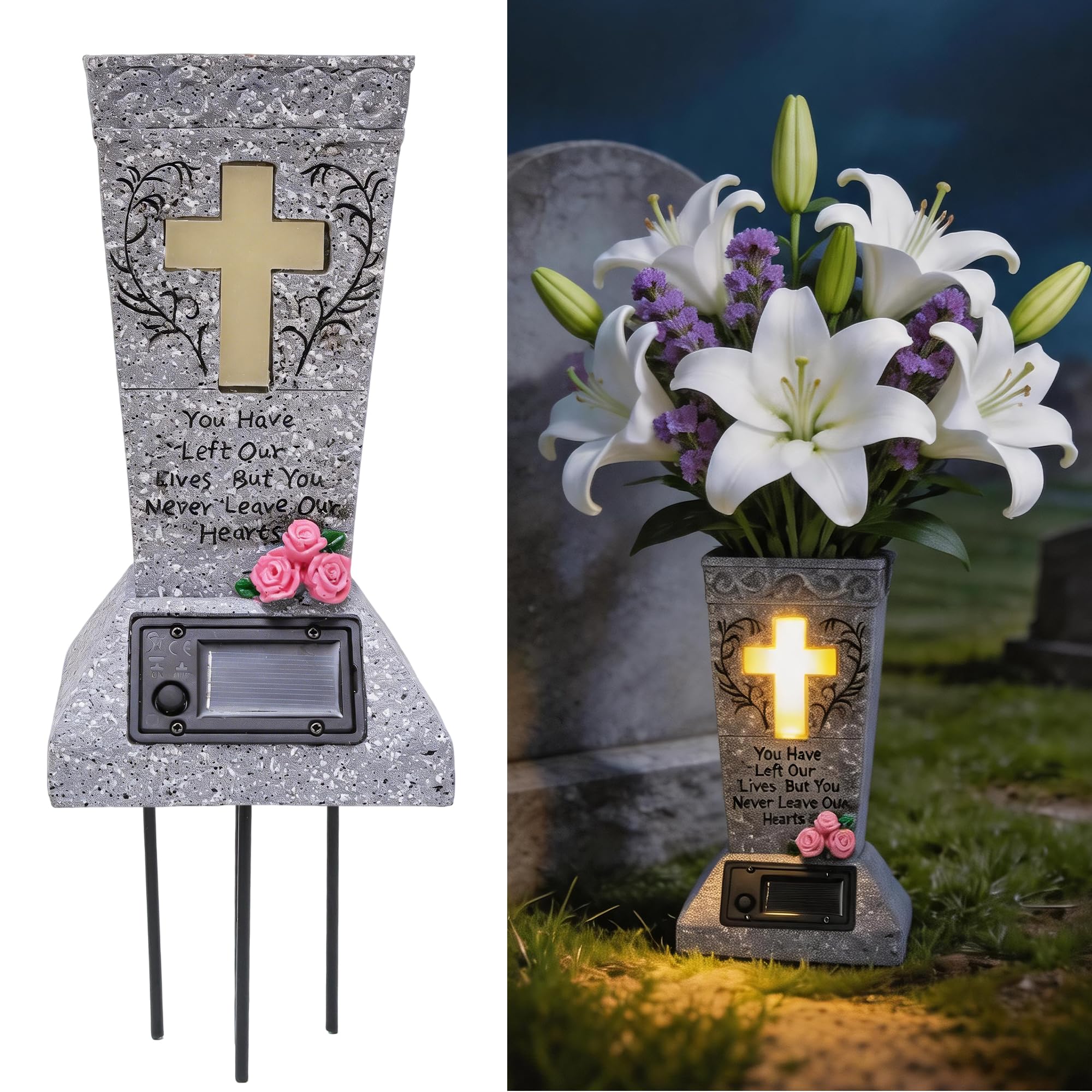 Resin Solar LED Cross Grave Flower Pots, All Weather Outdoor Cemetery Memorial Holder with Ground Spike for Garden & Funeral Decoration
