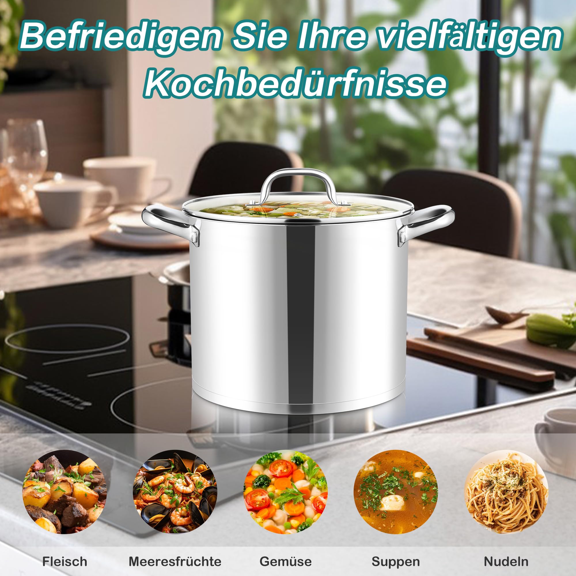 Joyfair Grande casserole à induction en acier inoxydable de 11,4 l avec couvercle en verre, 3 couches, fond stable, pour tous les types de cuisinières, grande quantité, passe au lave-vaisselle
