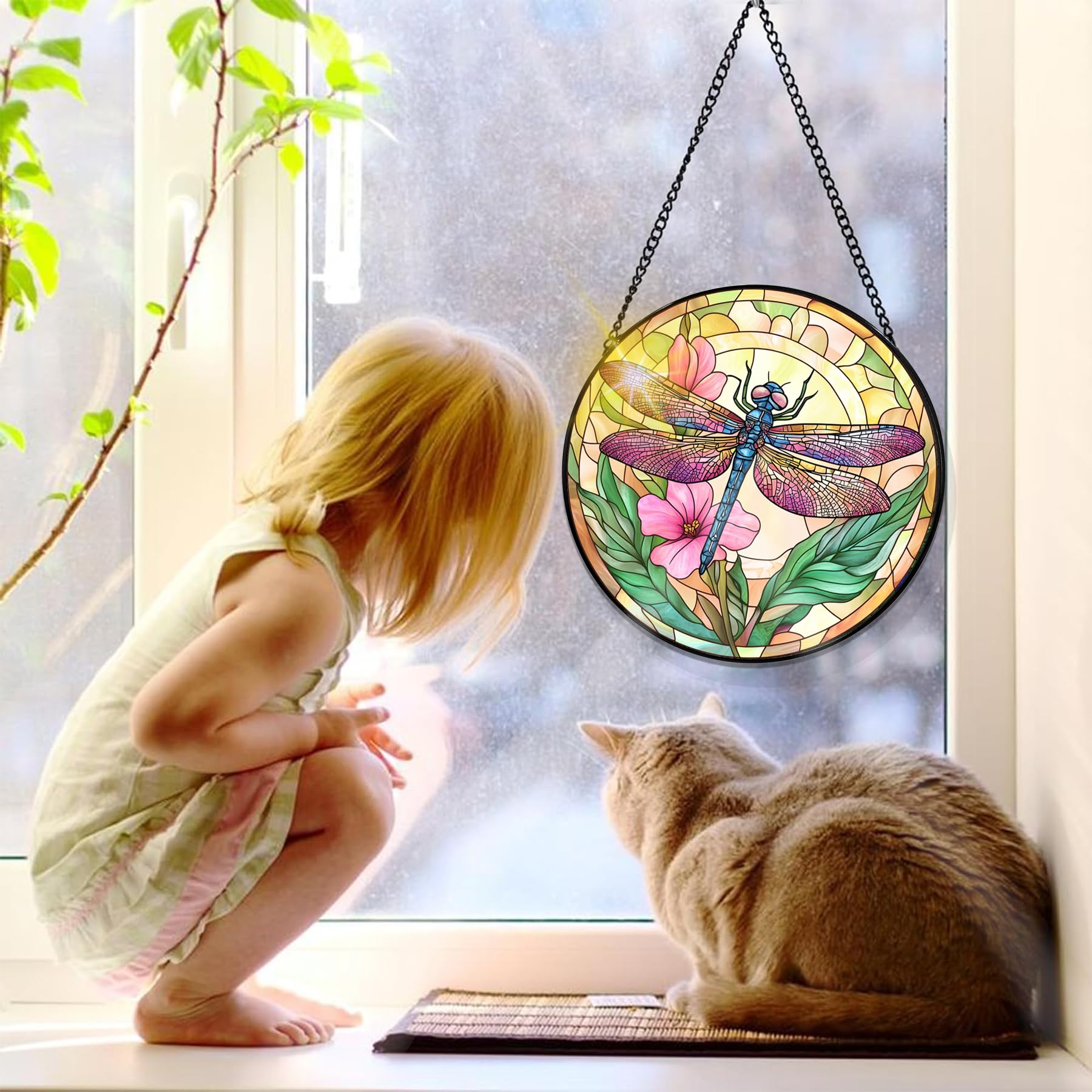 Bimkole Dragonfly Stained Glass Suncatcher Window Hanging, Flowers Design for Indoor Window or Doorway Decoration - Image 4