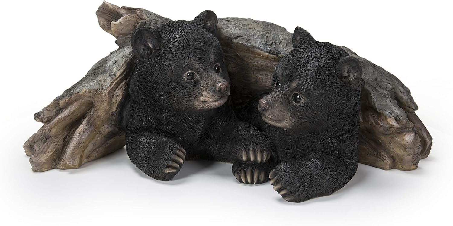 Hi-Line Gift Black Bear Cubs Hiding Under Log Statue
