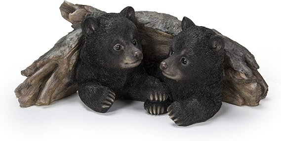 HI-LINE Gift Black Bear Cubs Hiding Under Log Statue
