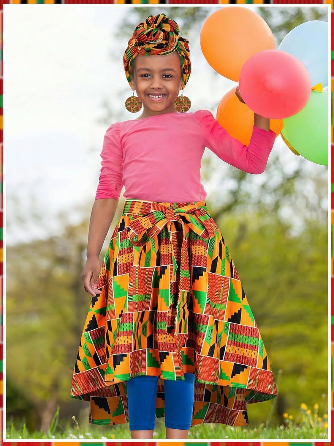 6 Pcs Girls African Skirt Head Wrap Set Black History Month Attire Dress Juneteeth Earrings African Outfits - Image 2