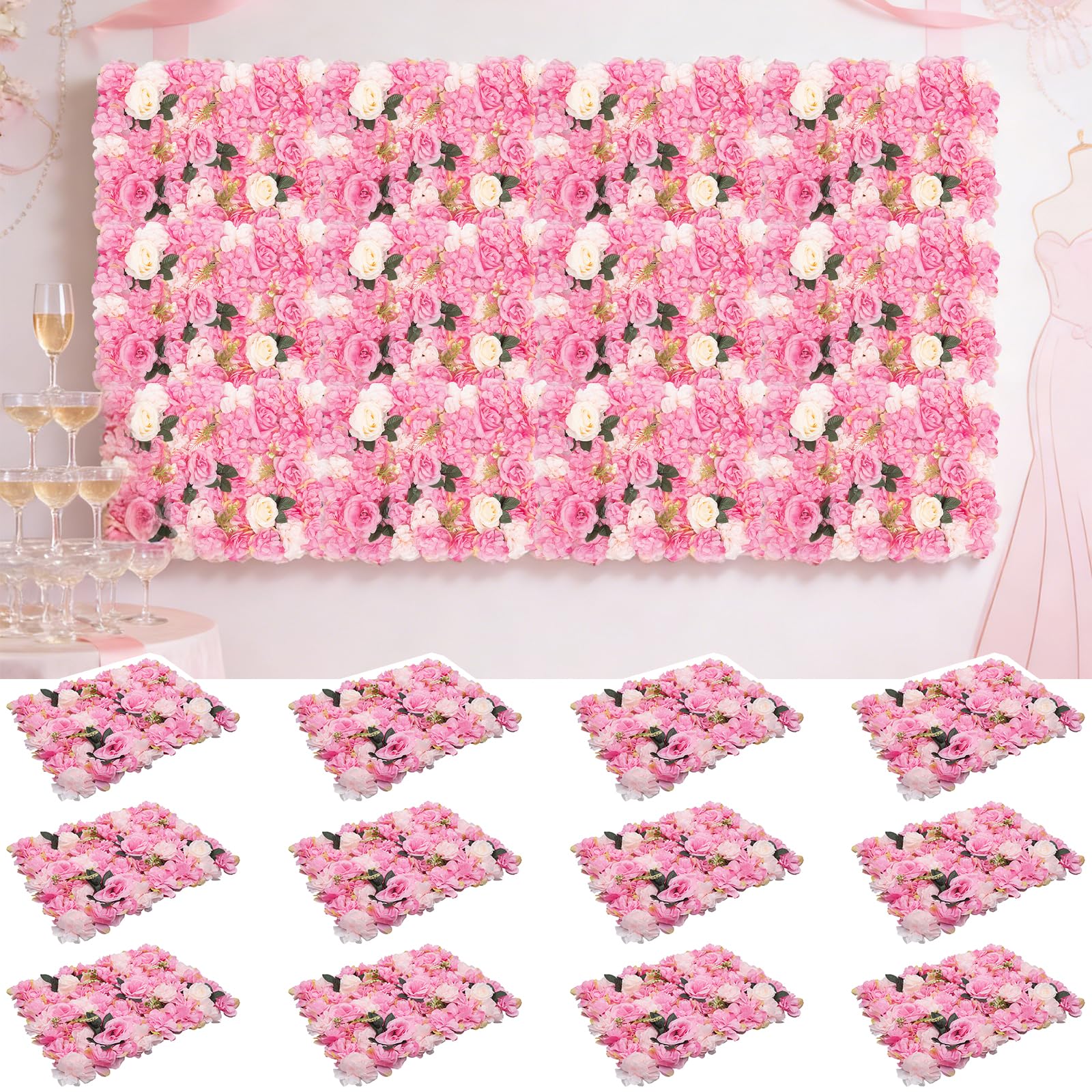 12 paneli ściennych z kwiatami, 60 x 40 cm, sztuczne róże, tło kwiatowe, tło ścienne z kwiatami, panel ścienny na wesele, Walentynki, do domu, baby shower i dekoracja tła, 12 sztuk